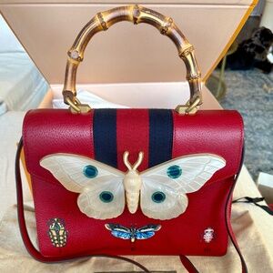 Red leather abalone shell butterfly shoulder bag